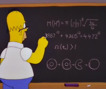 Still frame from The Simpsons of Homer solving an equation on a chalkboard.